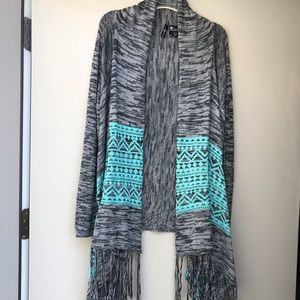 Grey and teal Aztec fringe cardigan